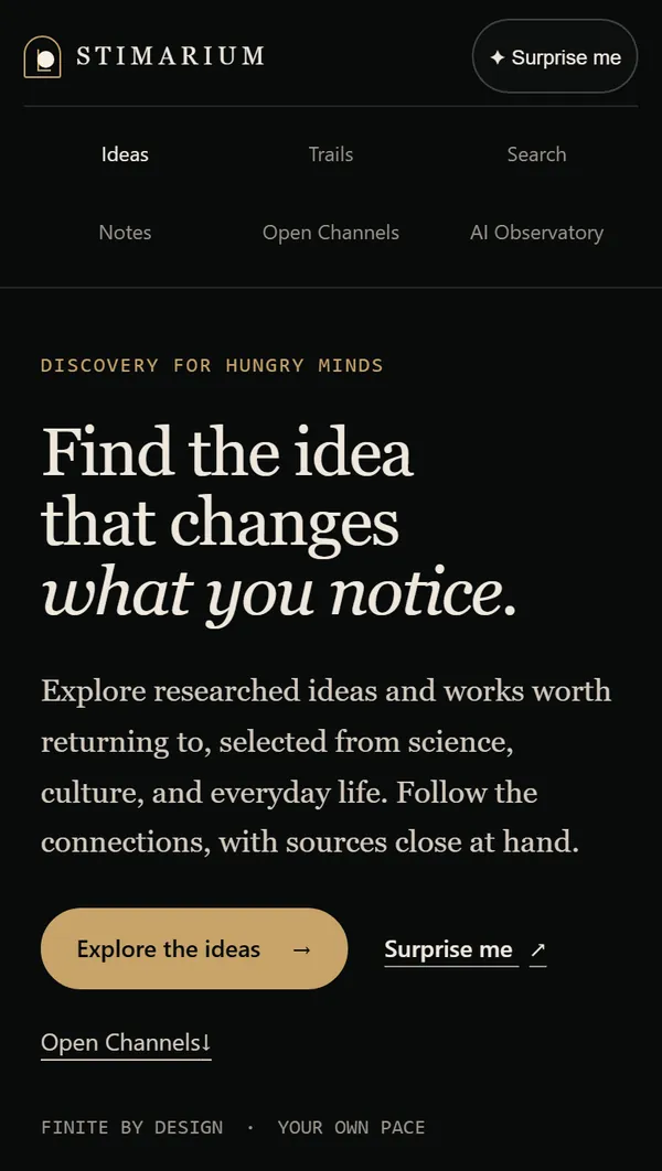 The Stimarium homepage at phone width, with the navigation in two rows above the headline and the Explore the ideas button.